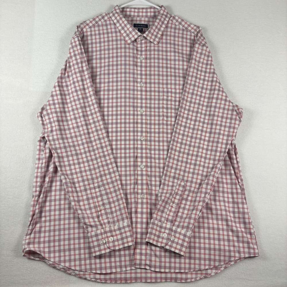 Club Room Mens XXL Red White Plaid Long Sleeve Button Down Shirt Stretch Pocket